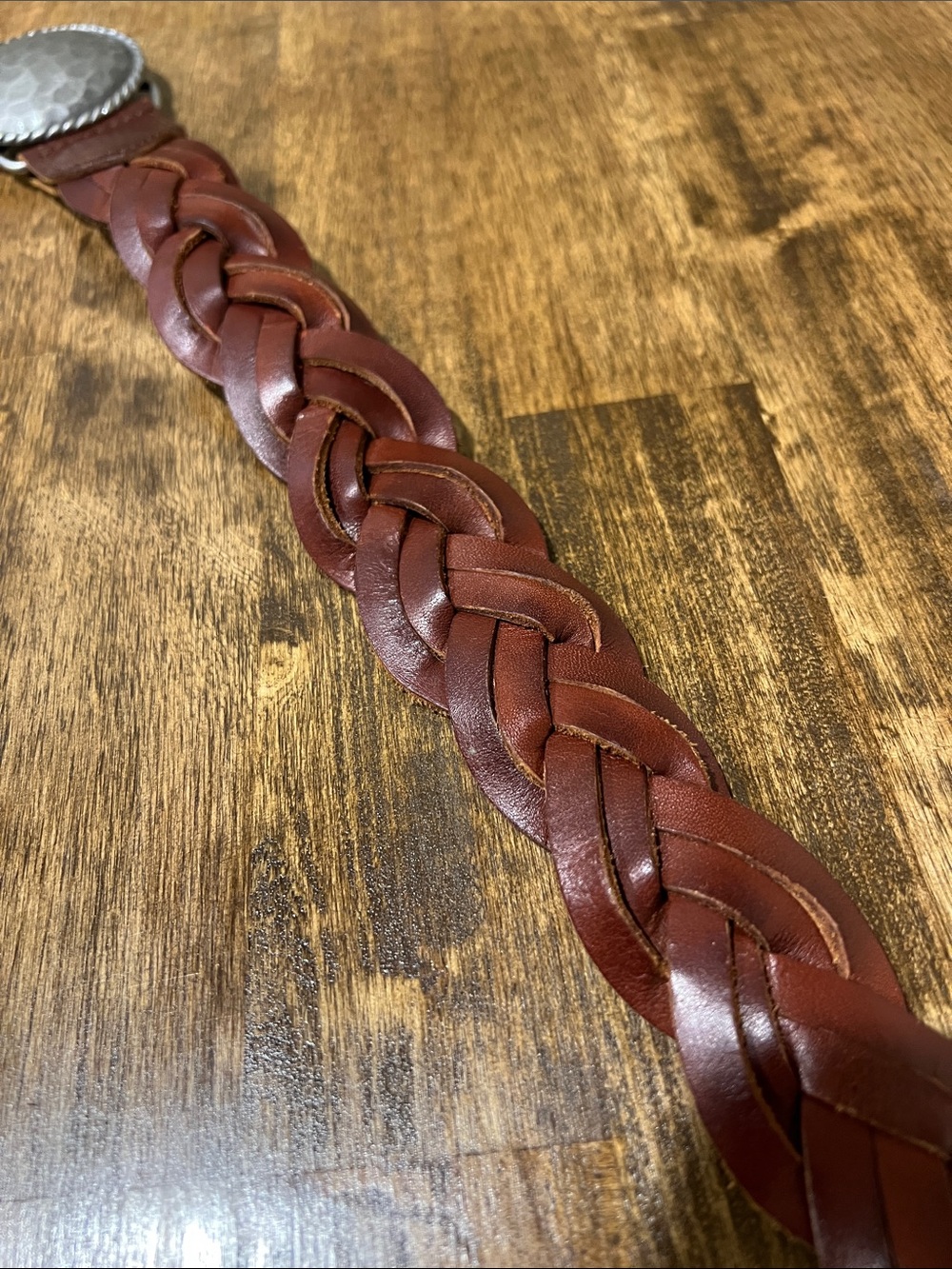 Lucky Brand Braided Brown Leather Belt with Hammered Silver-Tone Buckle - Picture 3 of 4
